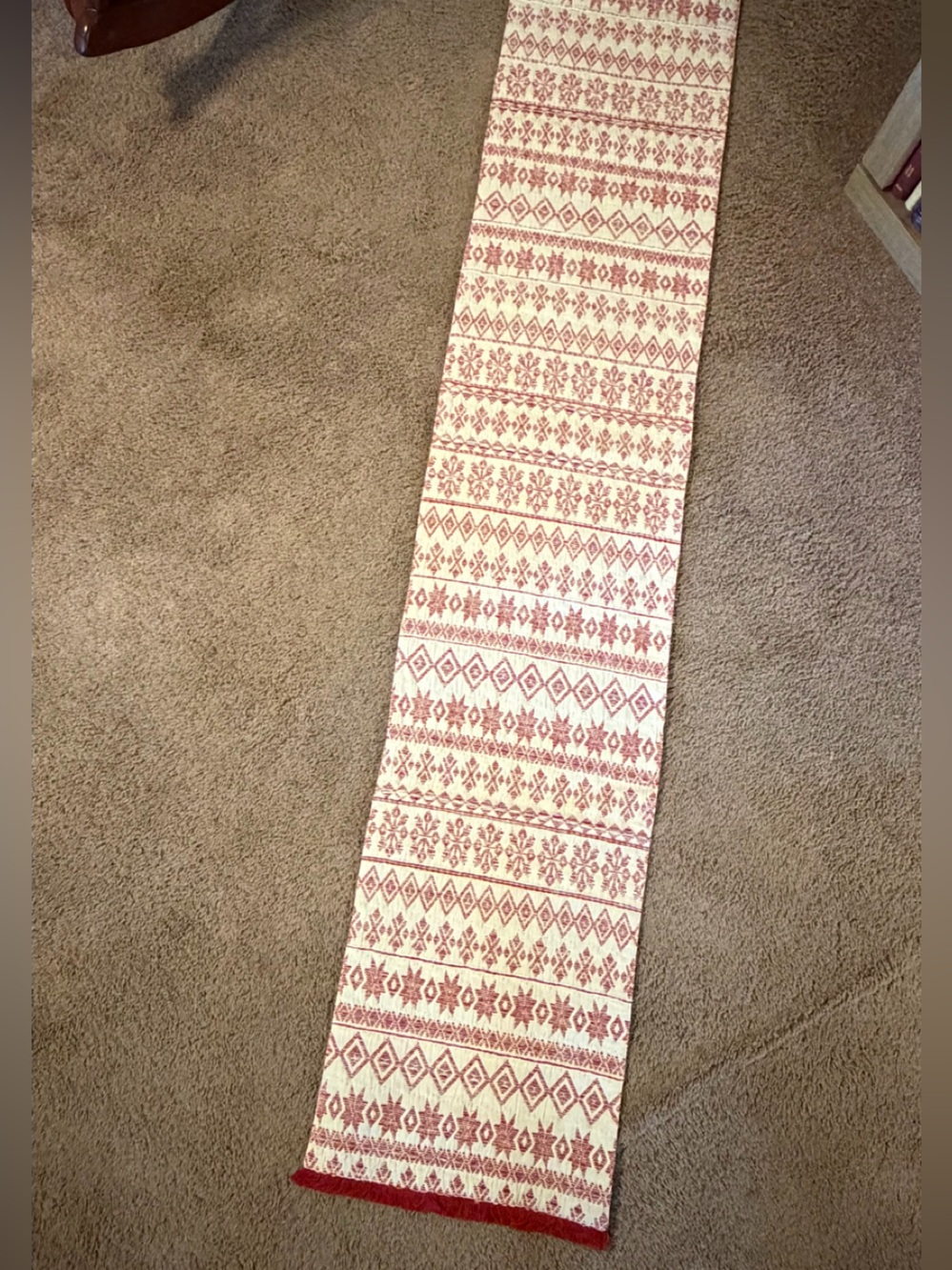 World Market Table Runner, 72” x 13”, Cream with Red Trim, Barely Used - Picture 3 of 8